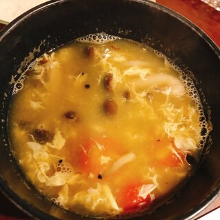 海老香る☆しめじとミニトマトの卵スープ